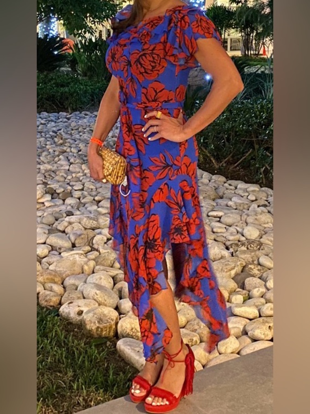 Marissa Webb Blue Floral High-Low Midi Dress with Red Floral Print Sz Small
